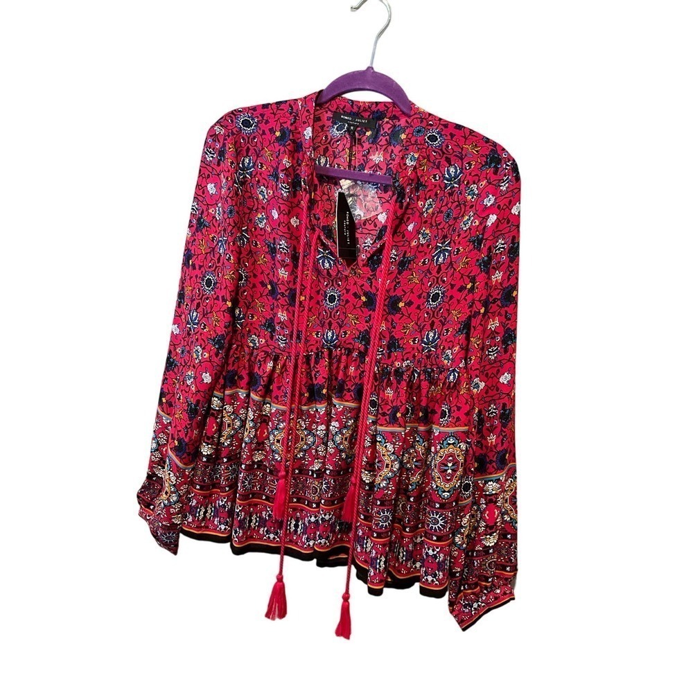 Romeo &‎ Juliet Blouse Women's Size M Floral Long Sleeve Pleated Tassel Collared